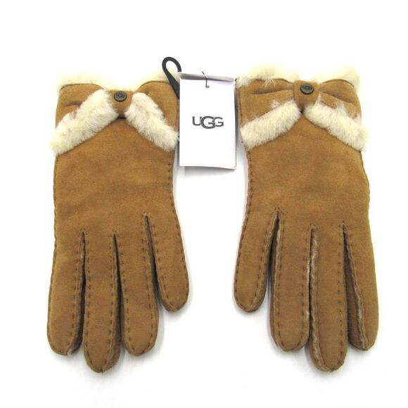 UGG SHEEPSKIN TURNED BOW GLOVES IN CHESTNUT SZ M - Picture 2 of 7